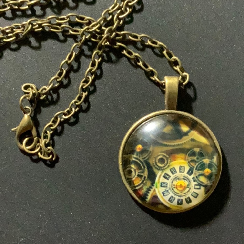 Bronze Cabochon Pendant - Clock “insides” Gears - Steam Punk